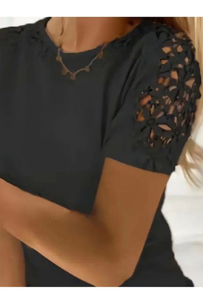 modadamoda Γυναικεία κοντομάνικη μπλούζα με λαιμόκοψη με λουλουδάτο λεπτομέρεια βισκόζης