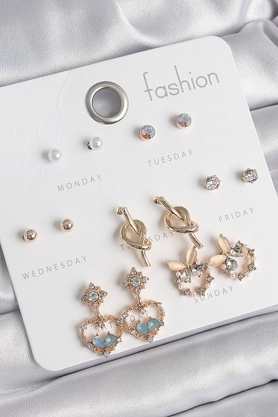 Skygo Brass Gold Color Zircon Stone Dangle Heart Figure Knot Detail 7 Pairs Women Earrings Set - Tj-Bkp10542