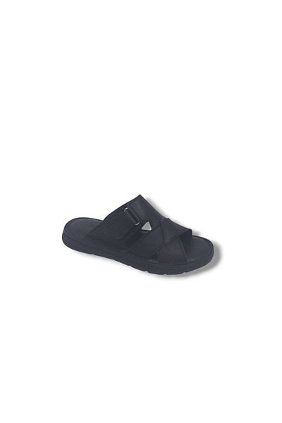Zerhan 566 Men's Black Genuine Leather Velcro Comfort Pillow Sole Slippers