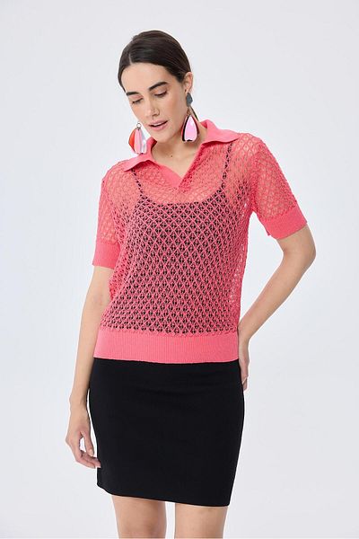 Peraluna Ava, Openwork Polo Collar Women's Knitwear Blouse - Koral