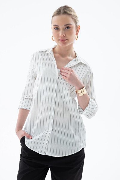 Nazen Giyim UZUN KOLLU ÇİZGİLİ EKRU KADIN GÖMLEK 0102-2Y5