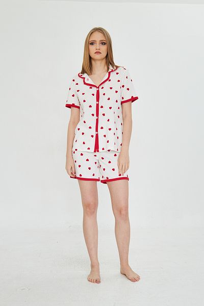 ESPİNA Women's Short Sleeve Button Front Heart Patterned Shorts Pajama Set