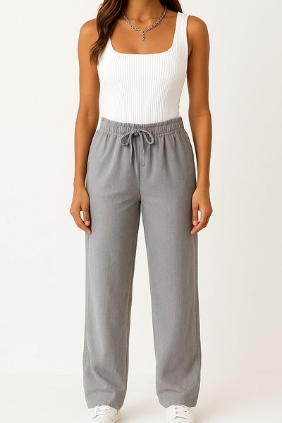 Firststops Women's Gray Trousers – High Waist, Lace-Up, Loose Comfortable Fit, Casual and Stylish Use