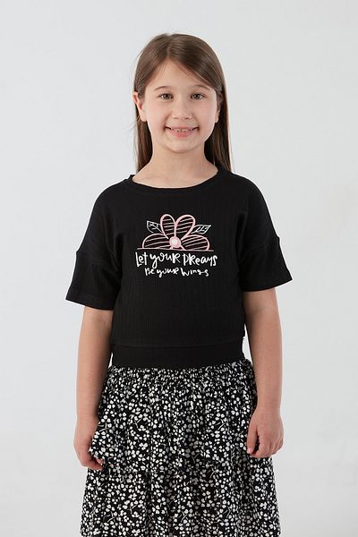 Fulla Moda Ribbed Text Printed Lycra Girl's T-Shirt