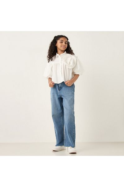 Juniors Floral Accent Collared Top With Balloon Sleeves