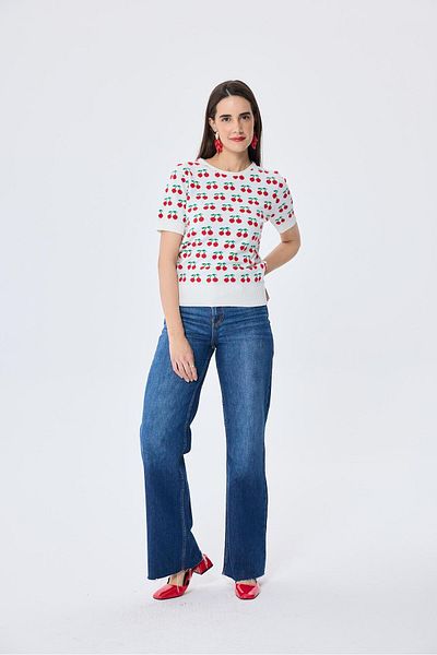 Peraluna Alice's Cherry, Cherry Patterned Women's Knitwear Summer Blouse - Ecru Multi
