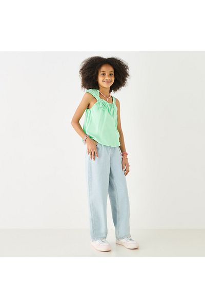 Juniors Solid Sleeveless Top With Bow Applique And Square Neck