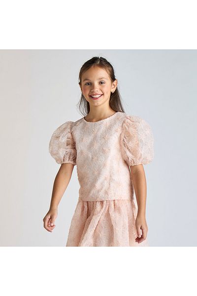 Juniors Floral Textured Top With Puff Sleeves And Zip Closure