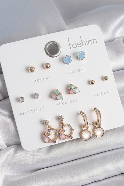 Skygo Brass Gold Color Zircon Stone Dangle Ring Figure Heart Detail 7 Pair Women Earrings - Tj-Bkp10533