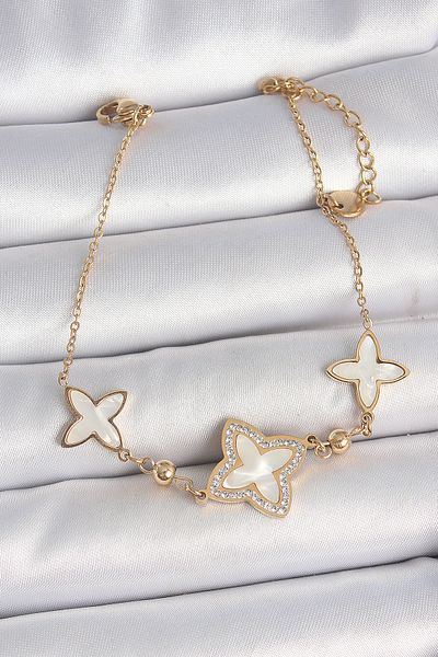 Skygo 316L Steel Gold Color White Enamel Flower Model Zircon Stone Detail Women's Bracelet - Tj-Bb6950