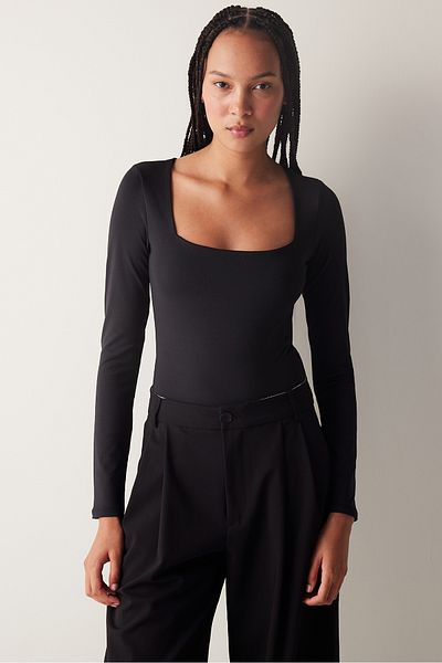 Penti Body slim cu mânecă lungă cu gât pătrat negru
