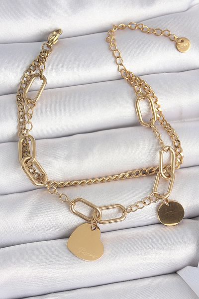 Skygo 316L Steel Gold Color 2-Piece Chain Model Hanging Heart Figure Women's Bracelet - Tj-Bb6953