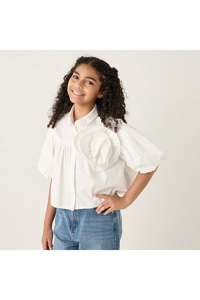 Juniors Floral Accent Collared Top With Balloon Sleeves