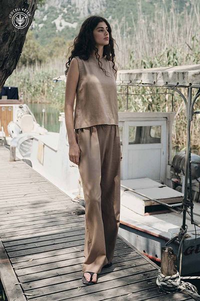 Hooopstore Lyocell Linen Flowy Elastic Milk Brown Trousers