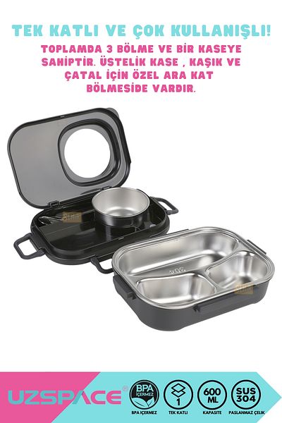 Uzspace Bento 1100ml Lunchbox New Collection Single Layer 3 Compartment Steel Lunch Box with Bowl