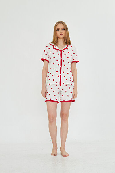 ESPİNA Women's Short Sleeve Button Front Heart Patterned Shorts Pajama Set