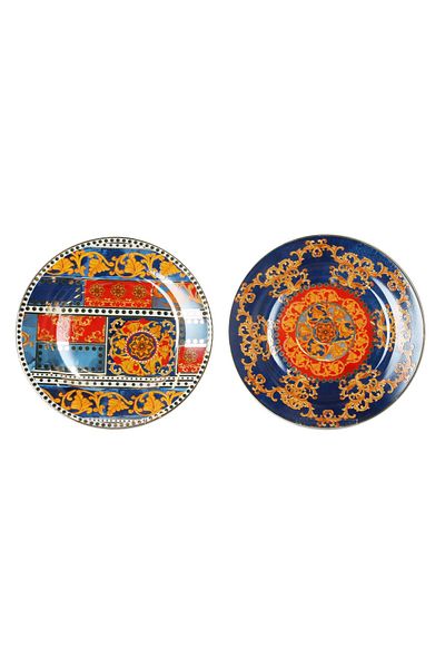 Lucky Art Florance Bone China Porcelain Blue Red Patterned 4-Piece Dessert Plate with Feet 20cm Lyhd 616