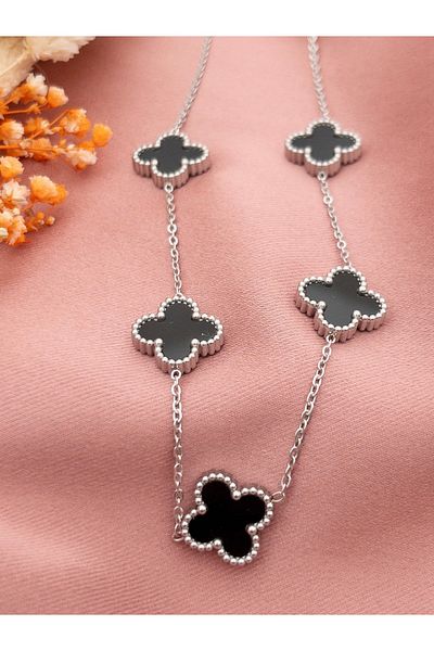 Siya Silver Double Sided Clover Model Steel Necklace
