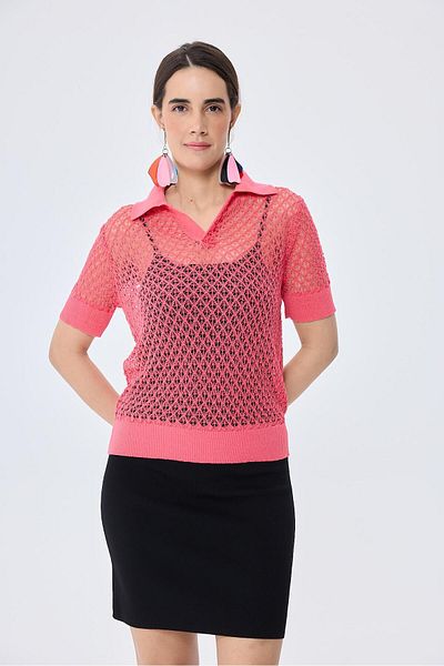 Peraluna Ava, Openwork Polo Collar Women's Knitwear Blouse - Koral