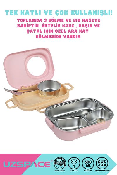 Uzspace Bento 1100ml Lunchbox New Collection Single Layer 3 Compartment Steel Lunch Box with Bowl