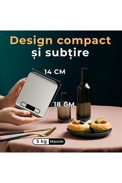 Bukate Cantar bucatarie digital, Bukate, ecran LED, multiple unitati de masura, capacitate 5 kg, gri