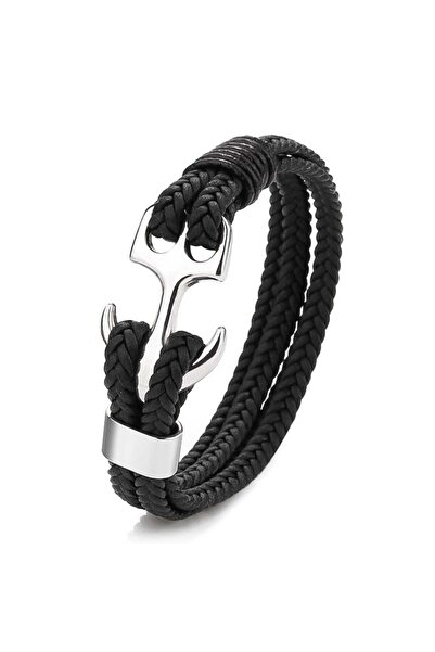 TORO NERO Brățară bărbătească din piele naturală, neagră și argintie, Ancoră