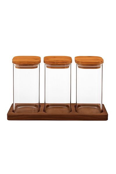 Frilly 3-Piece Wooden Beech Wood Stand with Lid Acrylic Sugar Bowl Snack Spice Rack Coffee Bowl Salt Bowl Storage Container