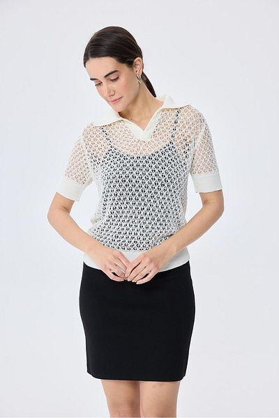 Peraluna Ava, Openwork Polo Neck Women's Knitwear Blouse - Ecru