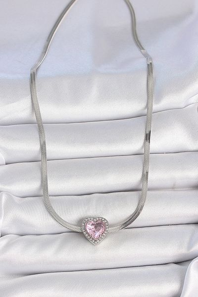 Skygo 316L Steel Silver Color Italian Chain Pink Zircon Stone Heart Model Women's Necklace - Tj-Bko10119