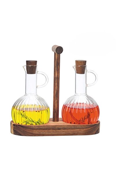 Qerhome 2-Piece Acacia Stand Borosilicate Glass Oil Pot-Sauce Bowl-Vinegar Bo...