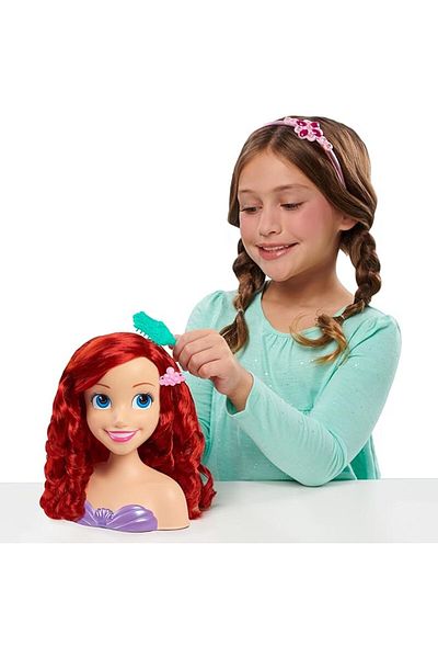 JustPlay Disney Princess Ariel Small Styling Head – 8" Doll Head with Brush, Hair Comb & Bands for Kids