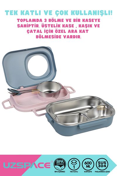 Uzspace Bento 1100ml Lunchbox New Collection Single Layer 3 Compartment Steel Lunch Box with Bowl