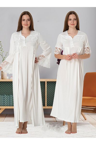 LOHOUSE Ecru Special Lace Cotton Maternity Nightgown-Morning Gown and Pajama Set Set of 4