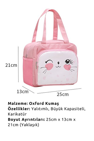 Ecrou Pink Cat Patterned Thermal Food Lunch Bag - 20x24x12 Cm