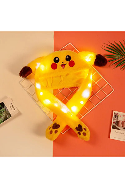 MJ TOYS Sanrio Pikaçu Şapka Kulakları Hareket Eden Şapka Işıklı Modlu Peluş Pikachu Şapka Bere Işıklı Şapka