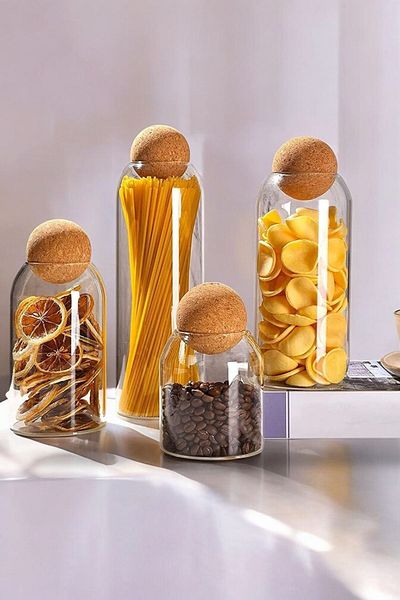 Qerhome Set of 4 Flat Balls - Glass Jars and Spices with Cork Lids