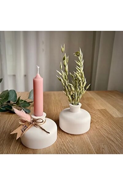 Edosco Vazeda Bohem Modern Tasarım Beyaz Beton 2 Adet Küçük Vazo