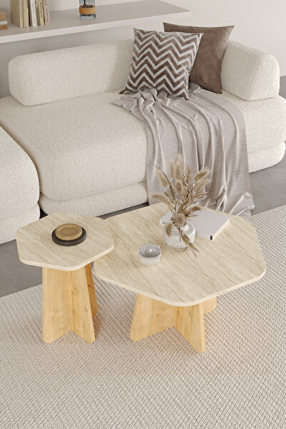 OBİ Atölye HEXA 2 li Orta Sehpa Seti, Bohem Yan Sehpa, İskandinav Stili 72 cm - 40 cm