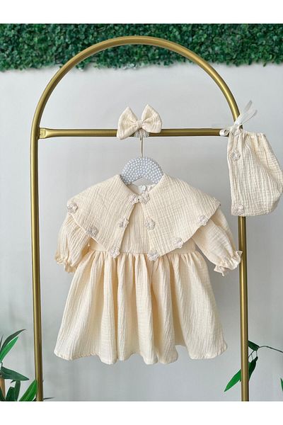 Hobidik Muslin Floral Patterned Cream Baby Mawlid Dress - Double Layer