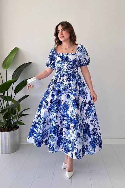 MaziButik Peony Poplin Dress Blue