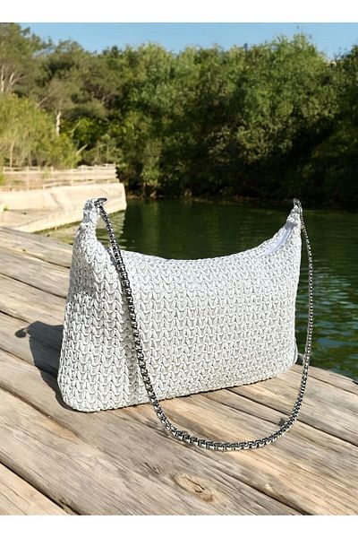 Katusa Women's Zigzag Knitted Straw White Silver Chain Hand and Shoulder Bag