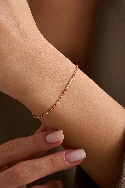 Bayar Gold 14 Ayar Altın Kırmızı Mineli Çubuk Bileklik