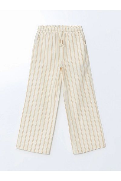 LC Waikiki Lcw Kids Beige Elastic Waist Striped 100% Cotton Girls' Trousers