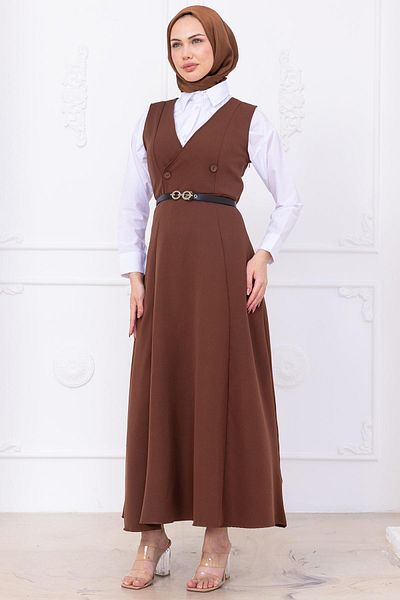 hafsamina Belted Buttoned Gilet Brown Hm2741