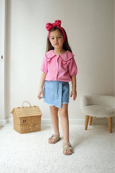 tunays shopping Denim Skirt Collar Heart Detailed Shirt Set