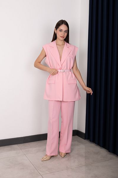Stil Sepeti Women Pink Premium Double Breasted Lapel Lined Belted Long Blazer Vest Pants Suit Drl-10007855710