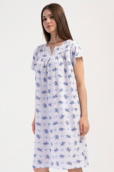 VİENETTA Cămașă de noapte albastră cu mânecă scurtă pentru femei 100% BUMBAC C0T8N7O161