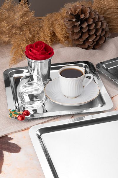 NEWTREND Züccaciye 6-Piece Luxury Cherry Silver Square Accessories Stainless Steel Coffee, Tea, Decorative Presentation Serving Tray