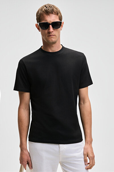 GRIMELANGE Mocassin Men's 100% Cotton Relaxed Fit Round Neck Short Sleeve Black T-Shirt