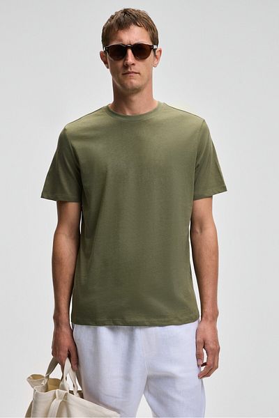 GRIMELANGE Mocassin Men's 100% Cotton Relaxed Fit Round Neck Short Sleeve Khaki T-Shirt